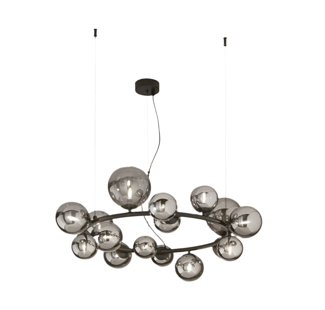 Sospensione 16 luci in metallo con sfere in vetro soffiato champagne o fumè 16XG9 non incl. MIELE Sospensione 16 luci in metallo con sfere in vetro soffiato champagne o fumè 16XG9 non incl. MIELE